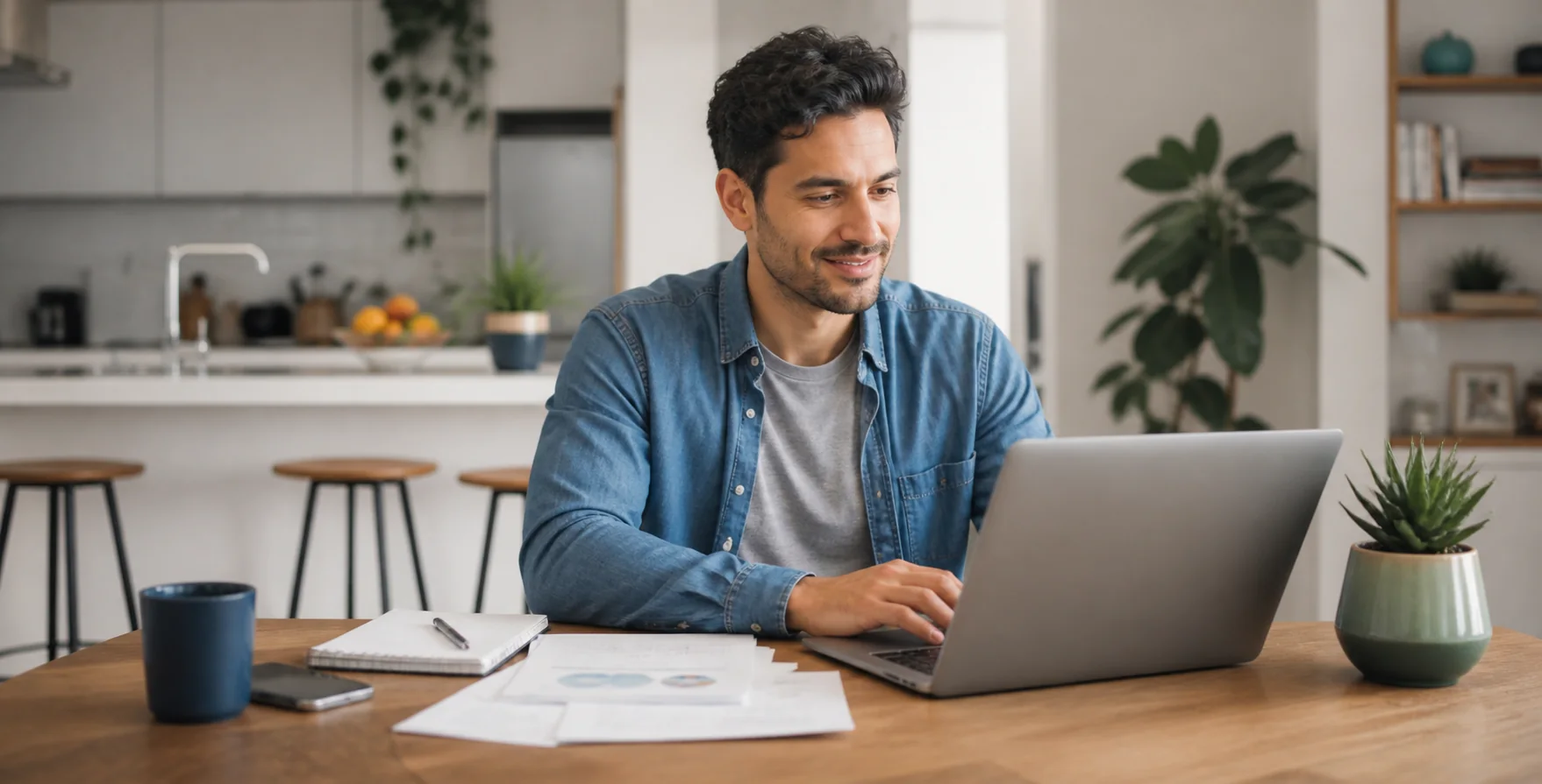 A borrower calmly reviewing student loan information from home.